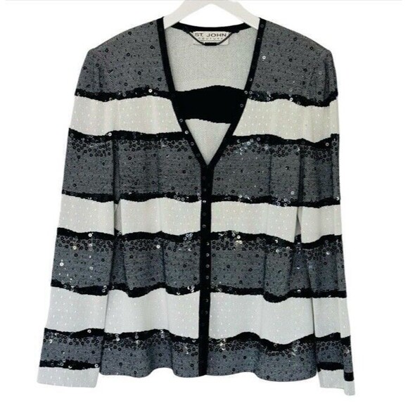 St. John Couture Sequined Open Front Striped Cardigan Black & White 8 Medium - Picture 1 of 14